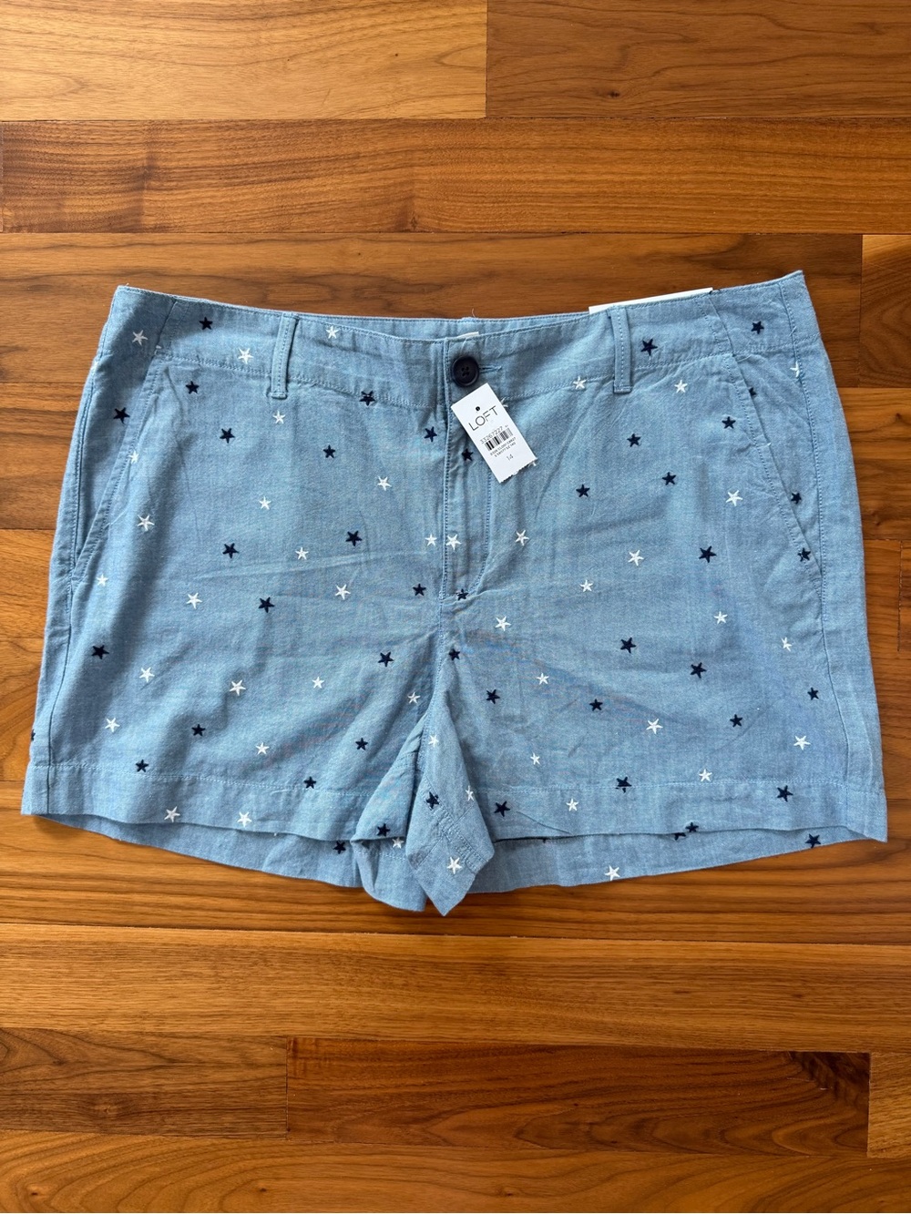 NWT LOFT Blue Navy White Star Embroidered Riviera Shorts Size 14 Cotton Chino